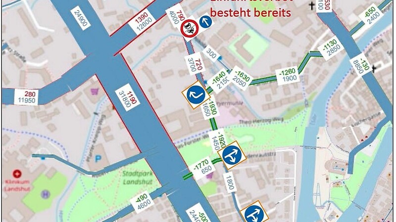 Von der Dammstraße und der Schwimmschulstraße aus darf man künftig nicht mehr nach links in die Papiererstraße fahren, sondern nur noch geradeaus fahren oder nach rechts abbiegen. Genauso gilt das Linksfahrverbot von der Hammerbachstraße in die Papiererstraße.