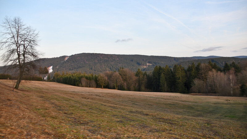 Blick von St. Englmar-Maibrunn (850 Meter) nach Osten zum 1049 Meter hohen Pröller bei vorfrühlingshaftem Wetter am 5. Februar.