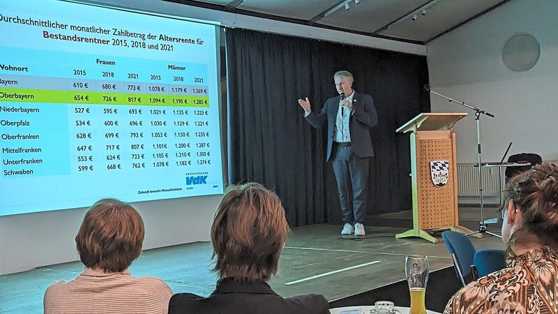 Drohende Altersarmut schwarz auf weiß: Helmut Plenk präsentierte den Zuhörerinnen die Durchschnittsrentenhöhen in Bayern.