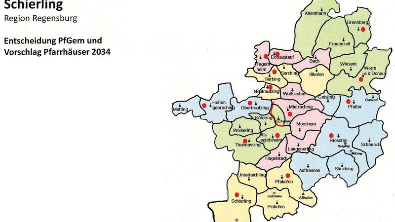 Aus dieser Karte gehen die künftige Gliederung des Dekanats Donaustauf-Schierling sowie die vorgeschlagenen Standorte der Pfarrhäuser (rote Punkte) hervor.
