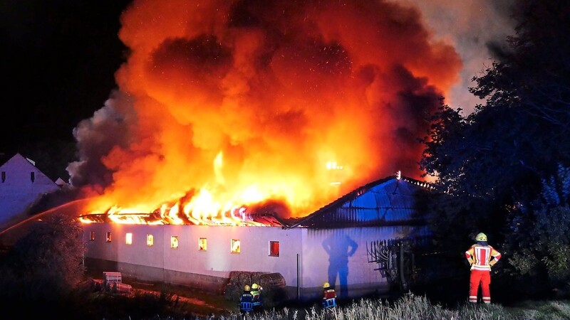 In diesem Flammeninferno verendeten bei einem Stallbrand in Oberhornbach etwa 900 Schweine. Für die Tiere kam jede Hilfe zu spät, die angerückten Feuerwehrleute waren bei dieser Tragödie machtlos.