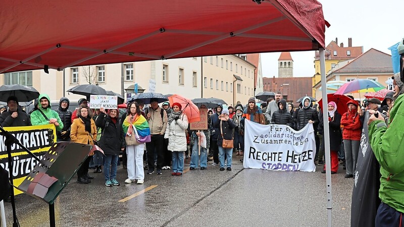 Bei Dauerregen harrten die Demonstranten auf dem Emmeramsplatz aus.