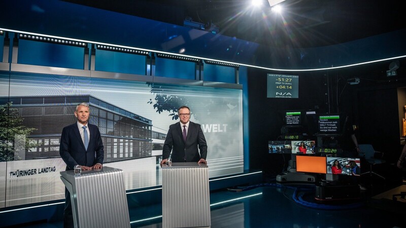 Björn Höcke (AfD, l.) und Mario Voigt (CDU), Spitzenkandidaten für die Landtagswahl in Thüringen, duellieren sich im Fernsehen.