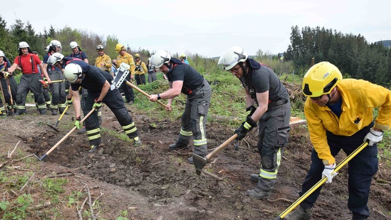 Die Bucher und Thann-Vatersdorfer Feuerwehrleute übten das Anlegen eines Wundstreifens, rechts ein Waldbrand-Experte von @fire.