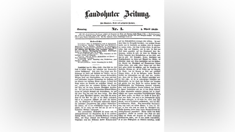 So sah die erste Ausgabe der "Landshuter Zeitung" am 1. April 1849 aus.