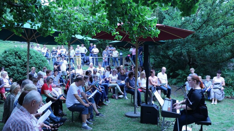 Unter Anleitung von Ensembleleiterin Hanna Turowski sangen am Mittwochabend rund 130 Musikbegeisterte im Agnes-Bernauer-Garten in Straubing.