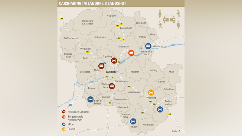 Die Karte zeigt die Standorte der Carsharing-Fahrzeuge im Landkreis.