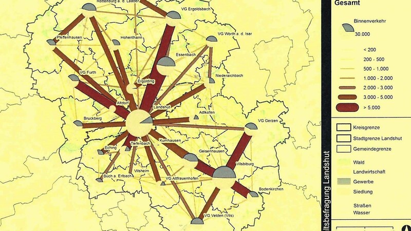 Zentren des Verkehrsaufkommens in der Region sind Landshut und Vilsbiburg.  Grafik: büro stadtverkehr