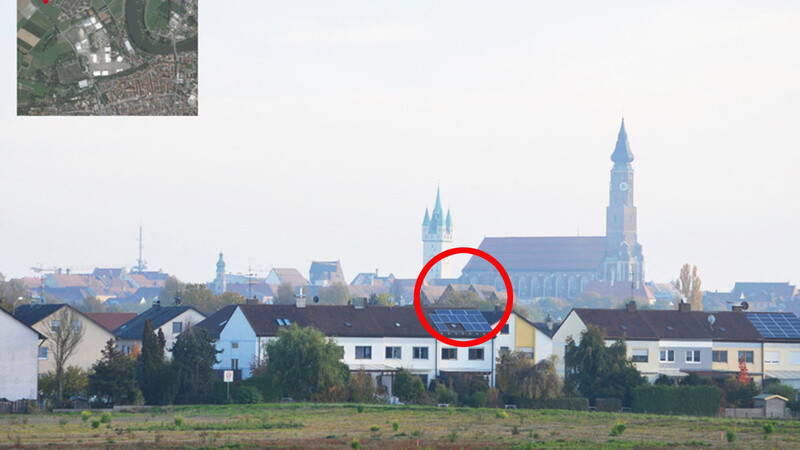 Die Fotomontage zeigt die Giebel des geplanten Neubaus am Pfarrplatz (im Kreis) aus Blickrichtung Westtangente.