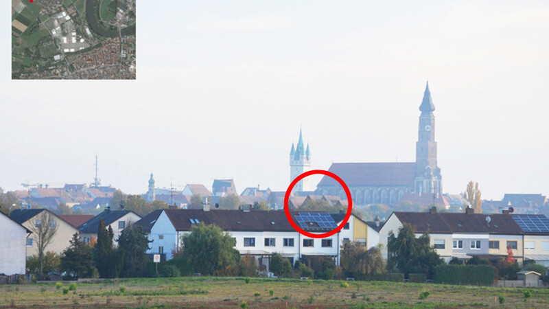 Die Fotomontage zeigt die Giebel des geplanten Neubaus am Pfarrplatz (im Kreis) aus Blickrichtung Westtangente.