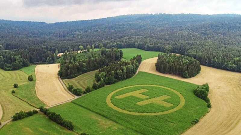 Auf einem Feld bei Schatzendorf hat die Firma Horsch eine neue Maschinentechnik getestet und ihr Logo, ein großes "H", aus Sonnenblumen mitten in den Mais gesät.