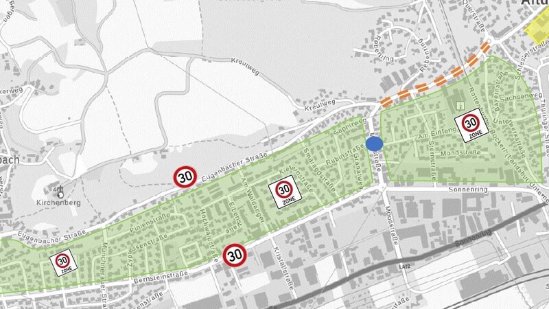Die beschlossenen und umgesetzten Maßnahmen in Altdorf - Tempo 30 (grün), Fahrradschutzstreifen (orange) und Zebrastreifen (blau).