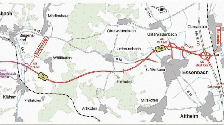 Rot eingezeichnet ist der Verlauf des B-15-neu-Streckenabschnitts Ergoldsbach-Essenbach. Zwei Brücken sind bereits in Arbeit, de