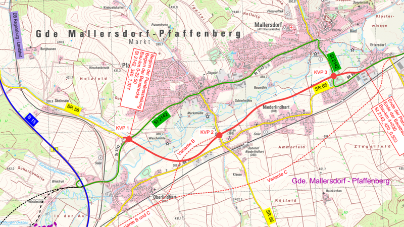 Von Ettersdorf bis kurz vor die B15neu - so der Trassenverlauf der Ortsumgehung Mallersdorf-Pfaffenberg nach jetzigem Planungsstand.