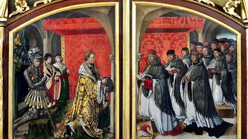 Altarbild, links die Herzogfamilie, rechts die Chorherren.