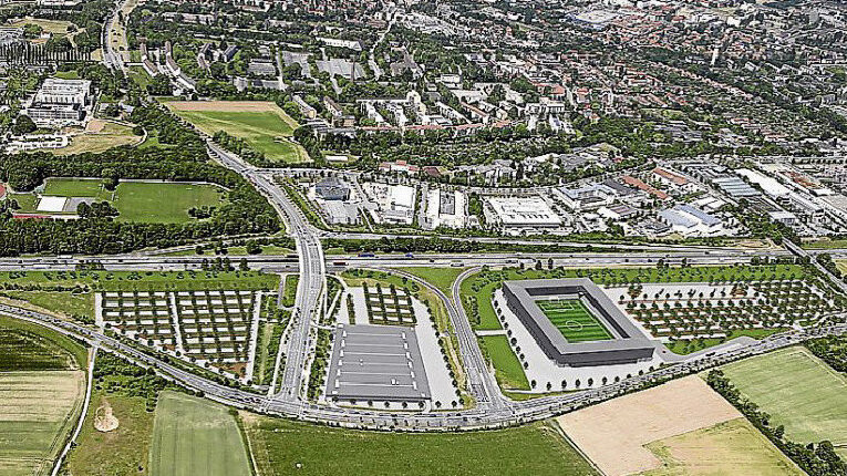 Visualisierung des neuen Fußballstadions: In Oberisling soll zukünftig der Ball möglichst auf Bundesliganiveau rollen. (Foto: Stadt)