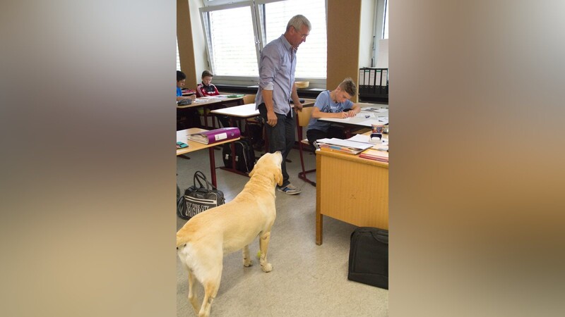 Ob das alles so stimmt, was Erik da macht? Nicht nur Lehrer Fritz Röckl prüft das nach, auch Schulhund Cooper scheint zu kontrollieren. (Foto: Pfeffer)