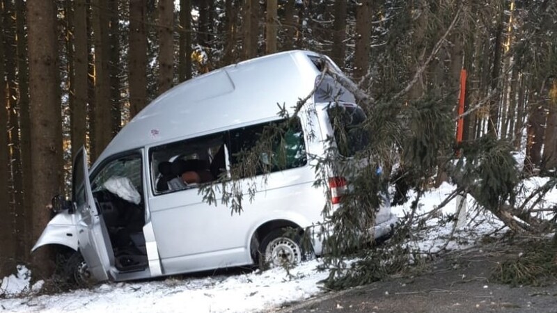 Der VW-Bus ist gegen einen Baum geprallt.