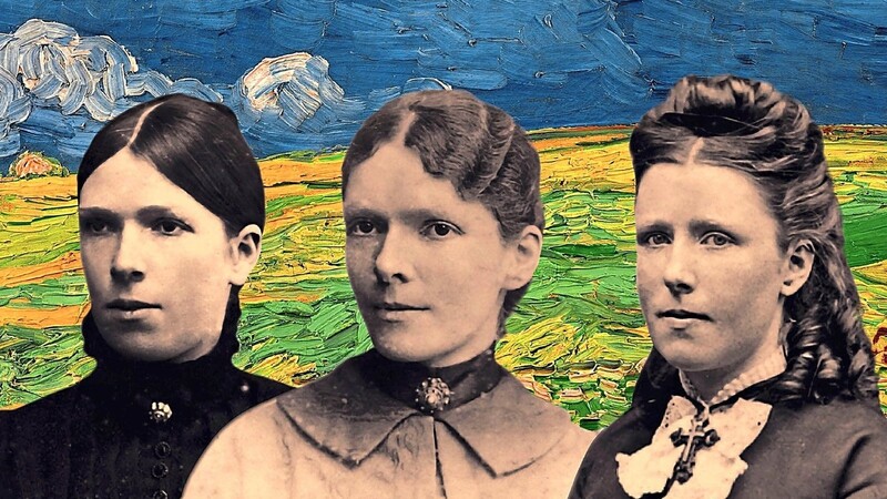 Vincent van Goghs drei sehr unterschiedliche Schwestern sind hier vor seinem "Weizenfeld unter Gewitterwolken" von 1890 zusammengebracht. Ganz links ist Vincents Liebling Willemien oder Wil zu sehen, die ebenso künstlerische Ambitionen hegt. Elisabeth schreibt Romane, und die fromme Anna ganz rechts besucht mit dem Bruder in ihrer gemeinsamen Zeit in England Museen.