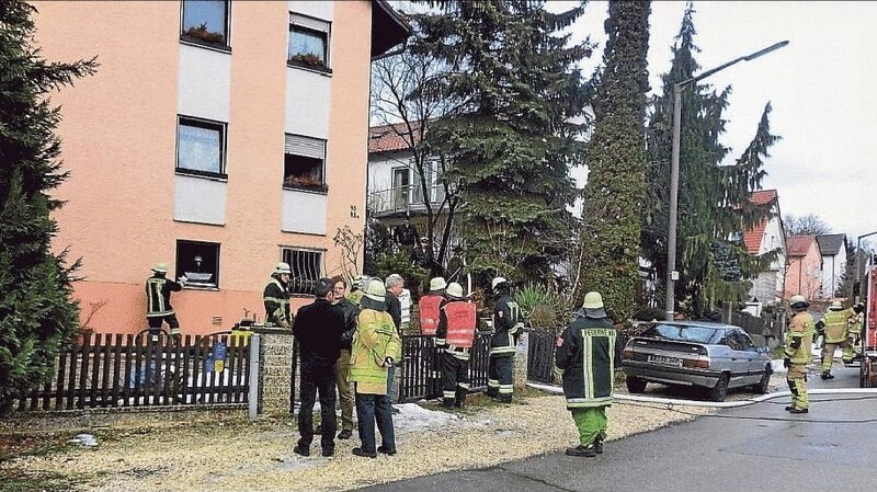 Polizei und Feuerwehr gestern Vormittag beim Einsatz in der Sudetenstraße. Beim Brand in diesem Wohnhaus sind insgesamt 77 Katzen durch den entstandenen Rauch erstickt. (Foto: ges)