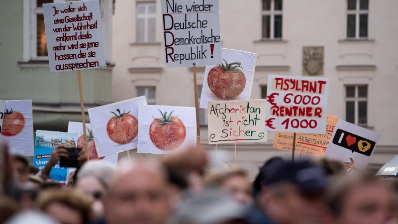 Demonstranten hielten bei der Wahlkampfveranstaltung auf dem Domplatz auch AfD-Plakate und Plakate mit Tomaten in die Höhe - wohl eine Anspielung darauf, dass Merkels Auto vor rund zwei Wochen in Mecklenburg-Vorpommern mit Tomaten beworfen worden war.