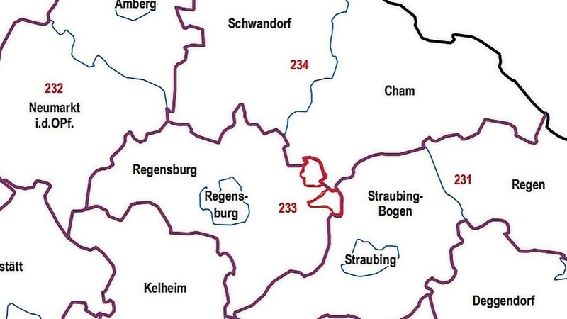 Wörth und Brennberg (rot umrandet) zählen ab 2021 zum Wahlkreis Cham/Schwandorf. Das liegt darin begründet, dass der Wahlkreis Regensburg sonst zu viele Einwohner hätte.