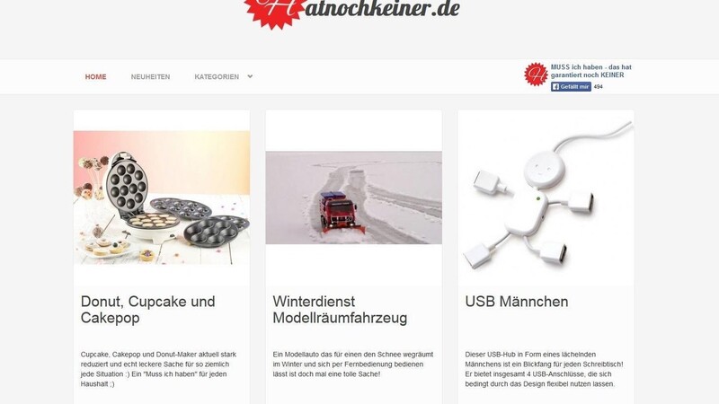 Ein Screenshot der Internetseite www.hatnochkeiner.de. Hier sammelt Felix die außergewöhlichen Produkte.