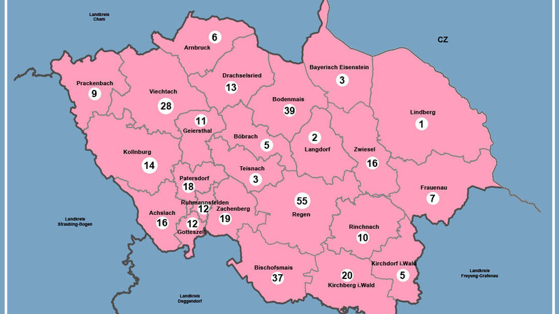 Diese Karte zeigt die aktuellen Infektionszahlen in den Gemeinden des Landkreises Regen.