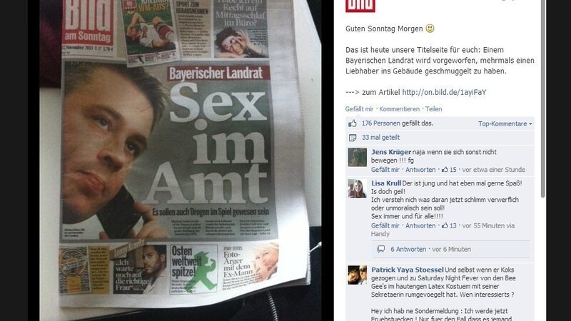 Die Schlagzeile "Sex im Amt" der BamS. Screenshot: Facebook / Bild.de