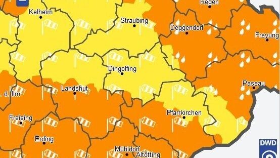 DWD Wetterkarte vom 15.3.19. Orange Farbe entspricht Wetter-Meldestufe 2, also einer Warnungvor markantem Wetter, gelb entspricht Meldestufe 1.
