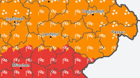 Zwischen Donnerstag und Freitag kann es in Teilen Bayerns ungemütlich werden. Für die orangefarbenen Bereiche weist der dwd auf markantes Wetter hin, für die roten Bereiche gilt eine Unwetterwarnung.