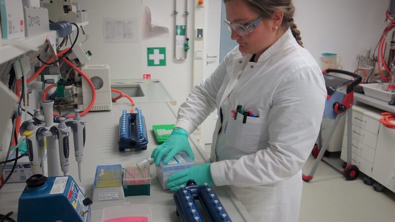 Lena Würstl, biologisch-technische Assistentin am Lehrstuhl für Chemie Biogener Rohstoffe, bei der Probenextraktion.