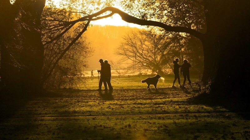 Spaziergänger nutzen das schöne Herbstwetter für eine Runde im Grüngürtel bei Sonnenaufgang.