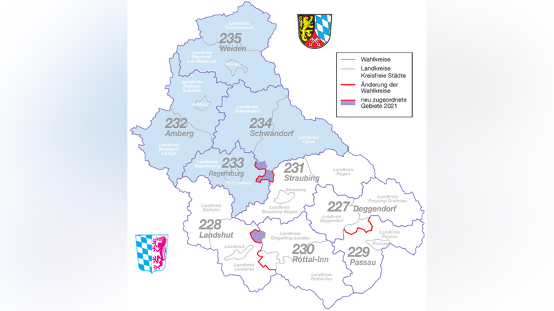 Insgesamt gibt es in Ostbayern neun Wahlkreise - fünf in Niederbayern, vier in der Oberpfalz. Aus jedem Wahlkreis wird ein Direktkandidat nach Berlin gewählt. Die Wahlkreise Regensburg und Landshut haben 2021 Gebiete an ihre Nachbarwahlkreise abgeben müssen. Landshut wurde auch bereits 2017 angepasst, ebenso wie Passau.