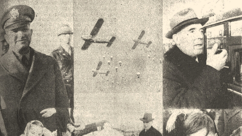 Zum ersten Mal bescheren die amerikanischen Soldaten Straubinger Kinder im Dezember 1949 aus der Luft. Mit dabei sind Colonel Rehm (links oben) und Oberbürgermeister Otto Höchtl (rechts oben).