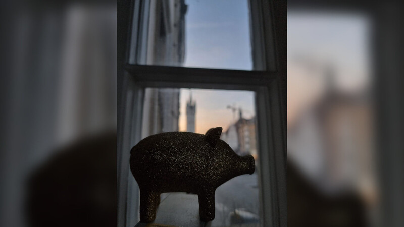 Für das Foto wurde das kleine, goldene Schwein am Neujahrstag auf der Webcam platziert, dabei ist die Kamera verrutscht.