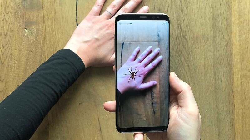 Eine App zeigt eine virtuelle Spinne auf einer Hand.