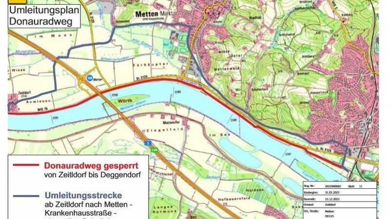 Der Donauradweg von Zeitldorf nach Deggendorf wird wegen Hochwasserschutz-Baumaßnahmen ab 21. Februar bis Dezember 2023 voll gesperrt.