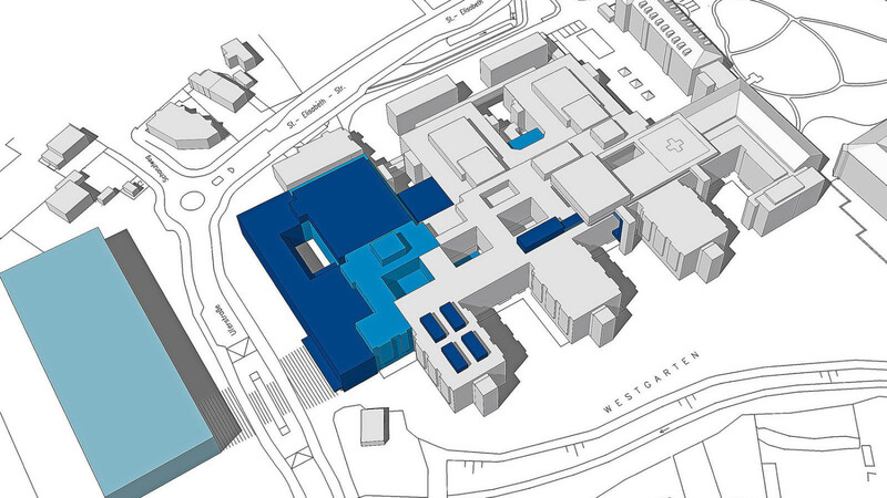 Die Grafik der Architekten zum geplanten Umbau: Links, nördlich der Uferstraße, das neue Parkhaus, mittig der neue Eingang
