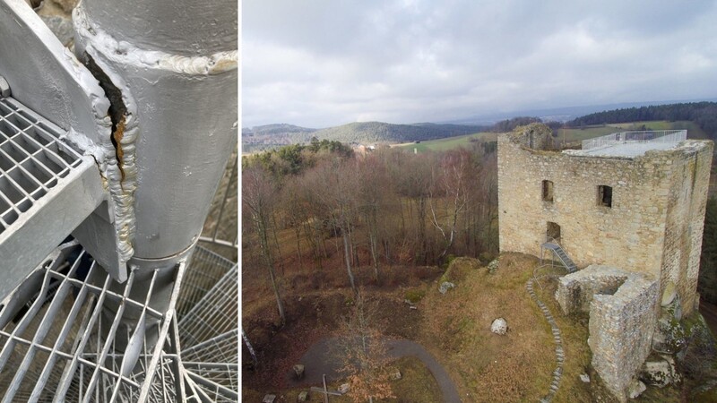 In der Burgruine Lobenstein wurde die Treppe zur oberen Aussichtsplattform beschädigt. Nun ist das Innere der Burg bis auf Weiteres für Besucher gesperrt.