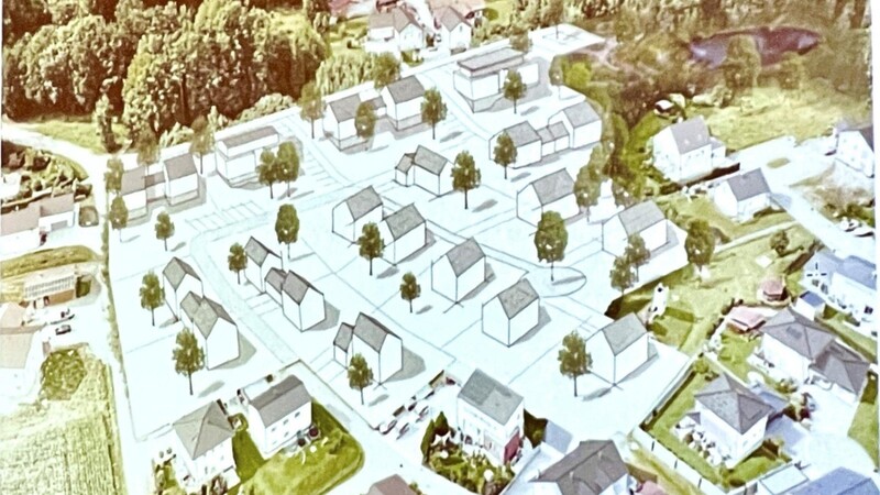 Investor Walter Bauer ließ eine Visualisierung zeigen, um deutlich zu machen, dass die fünf geplanten Mehrparteienhäuser keine "Wohnblöcke" im negativen Sinne werden. Er warb mit "schönen Wohngemeinschaften", die hier entstehen sollen.