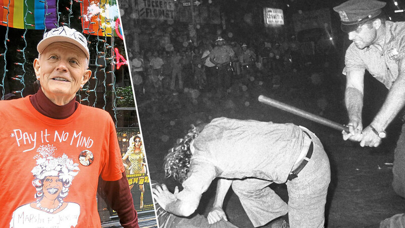 "Stonewall wurde weltweit zum Markennamen für die Bewegung bis heute": Zeitzeuge Randy Wicker vor dem "Stonewall Inn". Rechts: New York 1970 - Polizisten attackieren Teilnehmer eines Gay-Power-Marsches zum Gedenken an die Stonewall-Kämpfe ein Jahr zuvor.
