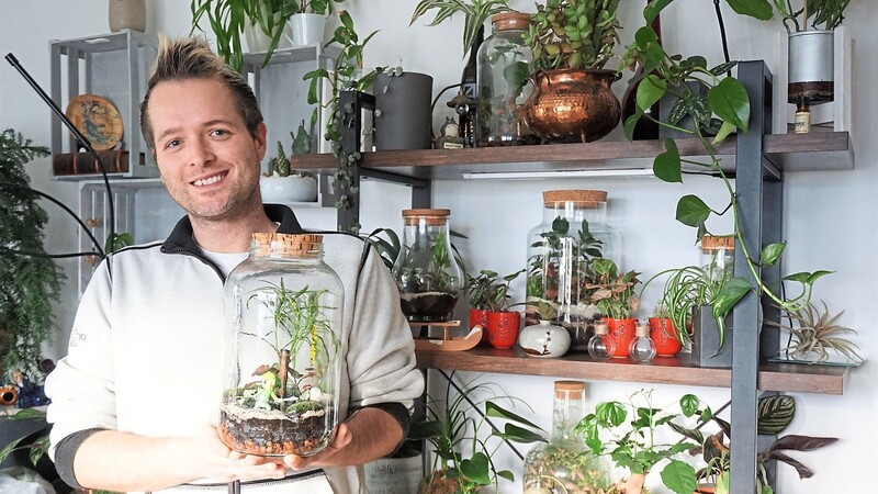 Christopher Beiderbeck hat in seiner Wohnung über 200 Zimmerpflanzen. Eine Besonderheit sind die Flaschengärten.