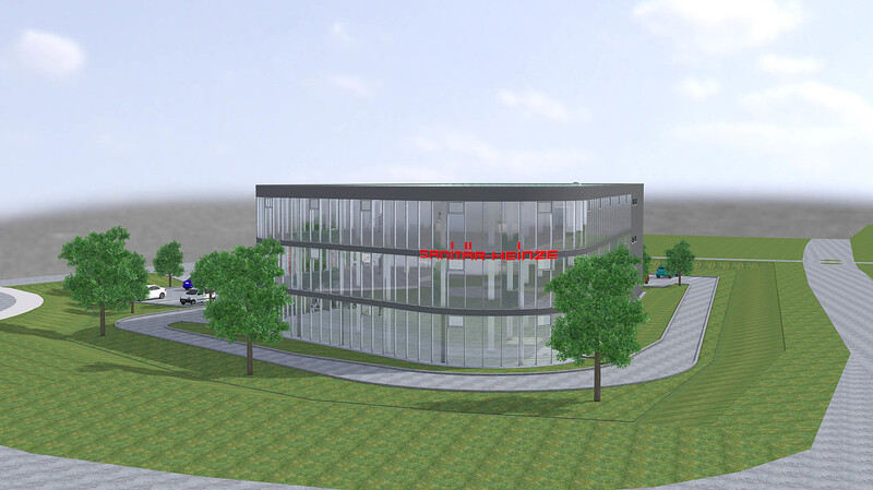 Die Animation zeigt das neue Ausstellungs- und Schulungsgebäude von Sanitär Heinze direkt an der westlichen Einfahrt in den Hafen Straubing. Das Gebäude wird in Stahl-Beton-Verbundbauweise mit raumhohen Glaselementen errichtet.