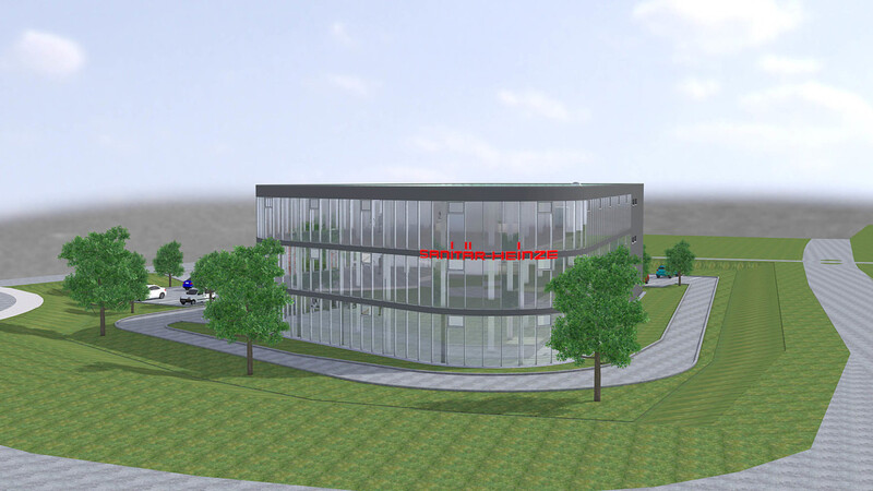 Die Animation zeigt das neue Ausstellungs- und Schulungsgebäude von Sanitär Heinze direkt an der westlichen Einfahrt in den Hafen Straubing. Das Gebäude wird in Stahl-Beton-Verbundbauweise mit raumhohen Glaselementen errichtet.