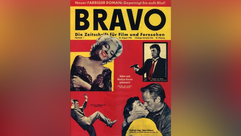 Die erste Ausgabe der BRAVO erscheint am 26. August 1956 als "Film- und Fernsehzeitschrift". Den Titel schmücken Marilyn Monroe, Richard Widmark und Karlheinz Böhm.
