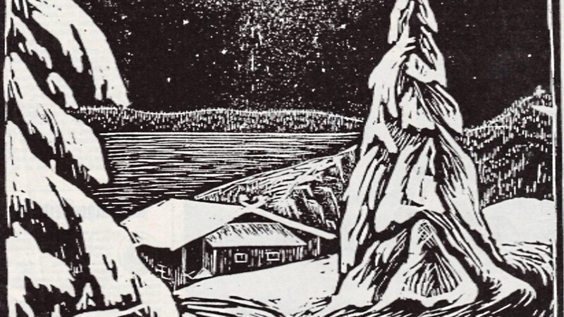 Der Holzschnitt zeigt die Kötztinger Hütte im tiefen Schnee an Silvester 1934.