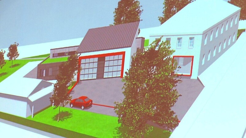 So könnte das Gemeinschaftshaus (rechts) mit dem Zusatzbau für die Feuerwehr einmal ausschauen.