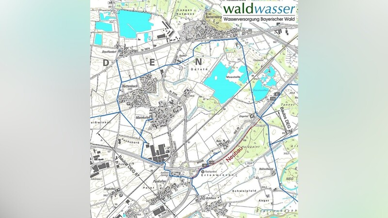 Die Karte von Waldwasser stellt den Ringschluss (rote Linie) der Wasserleitung dar, der derzeit entlang der Autobahn gebaut wird.