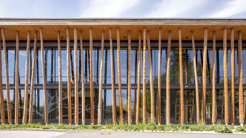 Die Südfassade des Nawareum mit freistehenden Holzstämmen als Gestaltungselement.